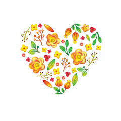 Composition of watercolor flowers in the shape of a heart. Bright botanical illustration with flowers, leaves, berries and branches in a decorative style on a white background