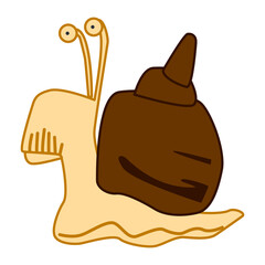 Calm creeping snail in light brown colors on white isolate. A cute animal on its way to its goal. Employment and travel concept.