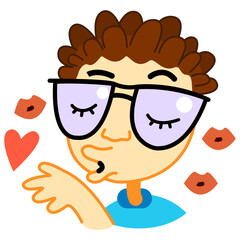 Cute curly boy sends air kisses on a white background. A young man in love with glasses. Vector student character for Valentine's Day.