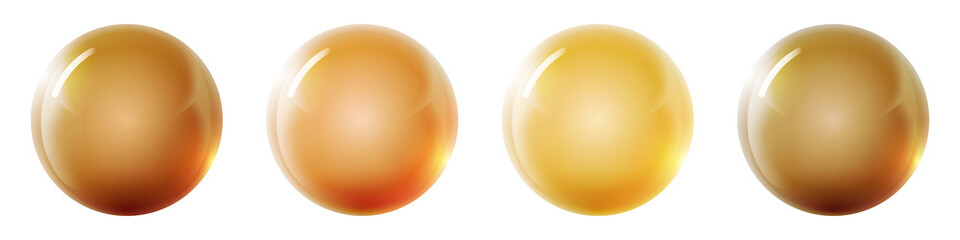 Set with glass golden balls. Glossy realistic ball, 3D abstract vector illustration highlighted on a white background. Big metal bubble with shadow