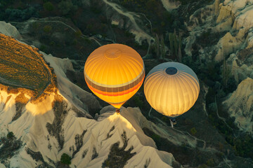Hot air balloons flying over Cappadocia landscape, aerial view, Goreme National Park ,Turkey