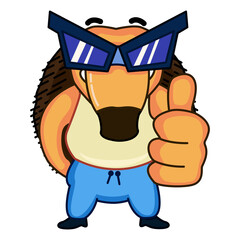 Cool orange hedgehog with a thumbs-up finger gesture. A spiny animal with rocker glasses and sportswear. The concept of being liked, approved, highly appreciated.