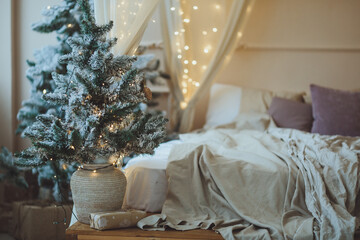 Christmas background. Christmas tree with toys and garlands.