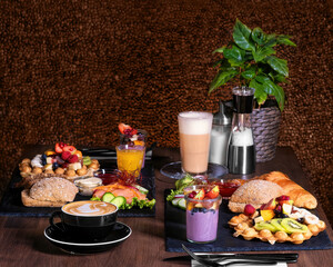 Breakfast or brunch set for two person on rustic wooden table