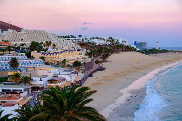 View on the beach of Morro Jable on the sunset, on the Canary Island Fuerteventura.