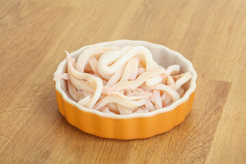 Marinated squid strips in the bowl
