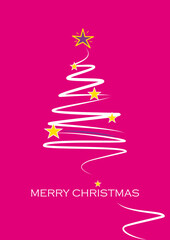 weihnachtskarte mit modernem tannembaum aus weissen linien und goldenen sternen mit pinkem hintergrund