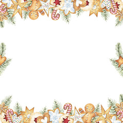 Christmas and New Year holidays square frame design with hand painted watercolor gingerbread cookies, in various shapes including gingerbread man, hearts, stars, snowflakes, sweets and pine branches 