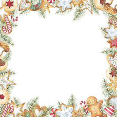 Square winter frame with watercolor clipart of gingerbread cookies and pine branches, Christmas card greeting template, ready to use holiday design, festive illustrations for social network posts