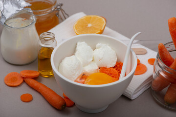 Organic natural home made facial mask with carrot, honey, yogurt, egg.