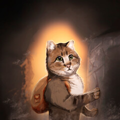 Cute plump tabby cat with a backpack in a cave. Portrait of a cat Digital art. Image for games or applications