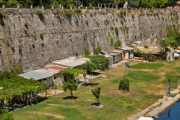 Yacht service sheds near the Old Fortress in Corfu, Greece.