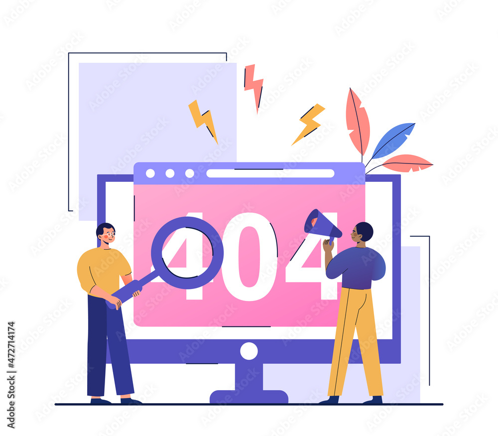 Poster concept of 404 error. people look at numbers on screen through magnifying glass. users went to wrong
