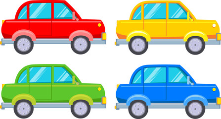 Set of multi-colored cars. Passenger car, transport collection. Vector illustration in cartoon children's style. Isolated funny clipart on a white background.