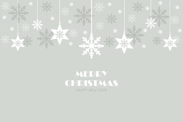 Merry Christmas card, design of xmas with hanging snowflakes and white and light gray decorative flakes on grey vector background.