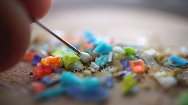 Global ocean pollution concept with microplastics bits and pieces from single-use plastic consumer items. Selective focus of a person examining micro plastics with a needle.