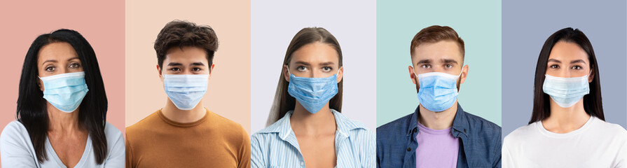 Portrait of adult and young asian and caucasian females and males in facial masks