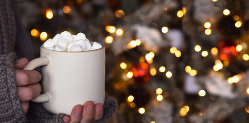 Womans hands holding cup with hot chocolate and marshmallows web banner