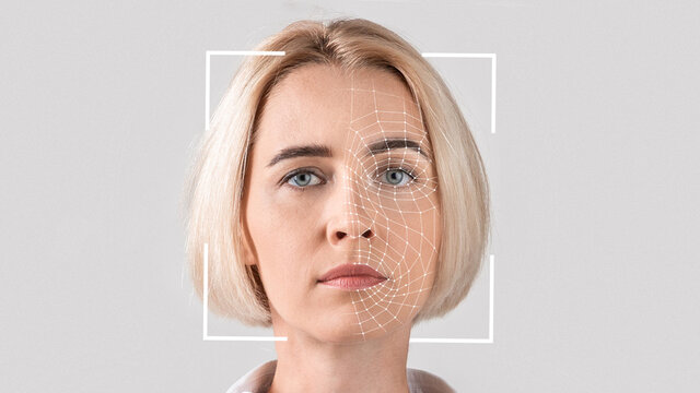 Interface, software for face recognition of young serious blonde lady