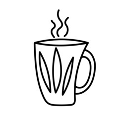 A hand-drawn vector cup in a doodle style with leaves.