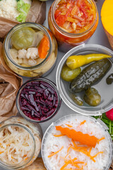 Homemade fermented in glass jars, pickled food healthy vegetables, fruit harvest. Winter fermented and canning superfood concept. Probiotics, enzymes, nutritiion veggy preservation. Selective focus