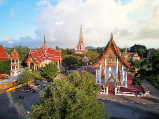 Fototapeta premium Drone shot of The Wat Chalong Buddhist temple in Chalong, Phuket, Thailand.