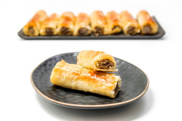 Meat rolls pastry - fried minced pork meat in spring rolls in an oval plate with a bowl of tartar sauce and stack og rolls in the background, selective focus, isolated on white background with clippin