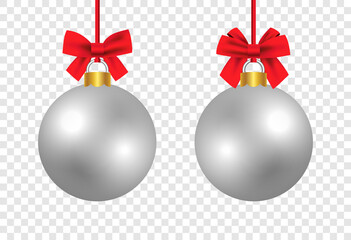 Collection of vector realistic silver Christmas balls with red satin bows on a transparent background. Xmas decoration