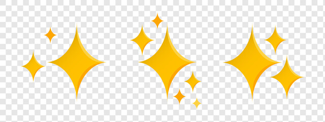 Set of sparkles star icons. Emoji golden stars.Star icon.Bright firework.Light icon set.Flash,shine sparkle icon,glare,blink star.Yellow,golden stars isolated on transparent background.