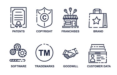 Set of business icons. Graphic elements, deal, successful investment, portfolio with securities. Collection badges and buttons for site. Cartoon flat vector illustrations isolated on white background