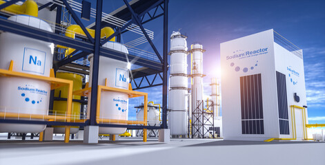 salt energy storage natrium sodium nuclear reactor power plant on a sunny day. Molden Salt energy storage is a future energy concept. 3d rendering