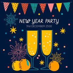 New year party invitation template in hand drawn flat style.