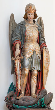 VIENNA, AUSTIRA - JUNI 24, 2021: The carved statue of st. Michael archangel in the church St. Severin.
