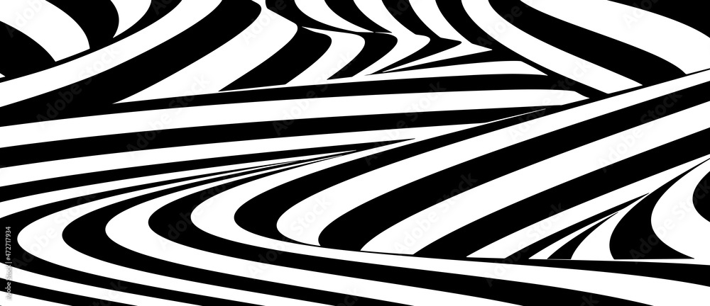 Poster abstract background of black and white stripes. optical illusion wave. distortion effect. vector ill