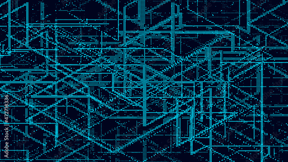 Poster Corrupted network or connection. Computer matrix. Futuristic cyber background of particles. Big data. Abstract technology science background. Vector illustration.