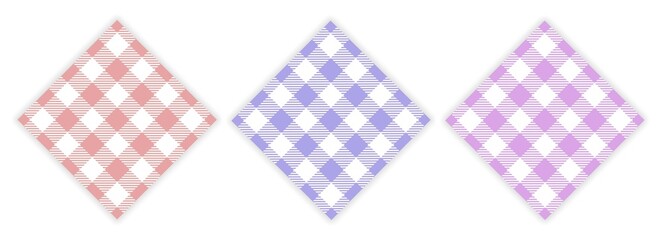 Gingham pattern set. Collection of rhombuses with unusual pattern. Graphic elements for buttons. Stylish images for printing on tshirts. Cartoon flat vector illustrations isolated on white background