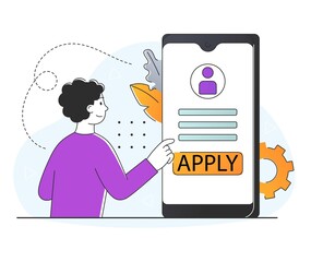 Apply for jobs. Man agrees to job offer. Character presses button on mobile phone. Candidate has successfully passed interview. Modern technology, online, internet. Cartoon flat vector illustration