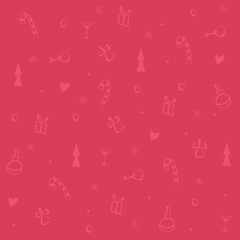 Vector Christmas pattern on a red background with a design of gifts, Christmas tree, snowflakes, candy canes