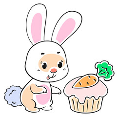 Obraz premium cute baby hare looking at a cake eating on a white background, vector illustration.