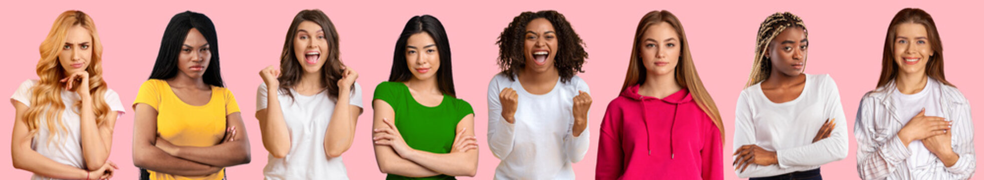 Group of pretty multiracial millennial females express different facial emotions