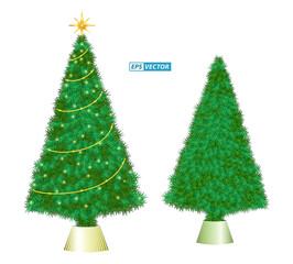 realistic christmas tree with decoration or luxury fir christmas tree with star lamp and gift box or decoration christmas template for banner. eps vector