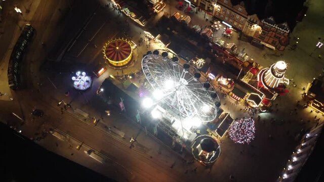 Christmas Market, 4K at night. Christmas Market at night, Nottingham city centre. Big wheel and Christmas tree. Nottingham town centre.