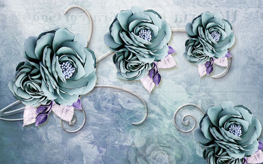 3d wallpaper blue jewelry flowers on blue marble background for home decor