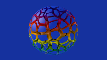 Rainbow broken sphere. Blue background. Abstract illustration, 3d render.