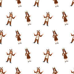 Seamless pattern with girl and boy in carnival costume of deer. Festive print for party, New Year and Christmas. Child dancing with happy face and smile emotions