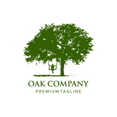 Obraz premium Oak tree and swing people logo illustration. Vector silhouette of a tree.