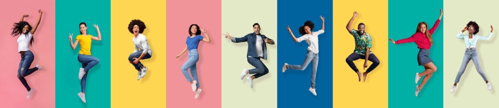 Positive emotional smiling diverse fashion guys and ladies hipsters jumping, flying in air have fun, panorama © Prostock-studio
