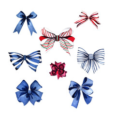 Watercolor illustration with blue, striped and red bows. Set of illustrations of silk bows. Images are hand-drawn and isolated on white background.