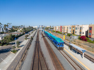 Daytime Drone Image of the Coaster Train At the Oceanside Transit Center: Transportation, Travel, Vehicles © Oak City Drone