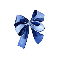 Watercolor illustration with blue satin silk bow.